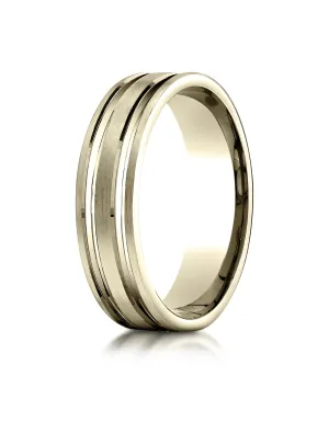 Benchmark 18K Yellow Gold 6mm Comfort-Fit Satin-Finished w/  Parallel Grooves Carved Design Wedding Band