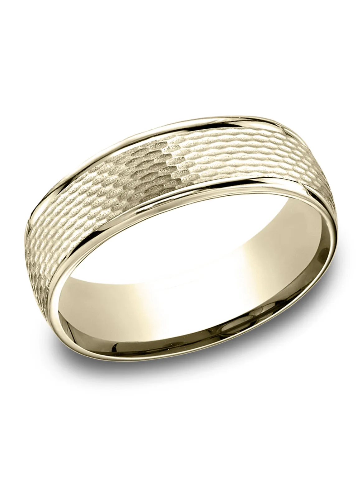 Benchmark 18K Yellow Gold 7.5mm Comfort-Fit Round Edge Mesh Center Design Band, (Size 4-14)