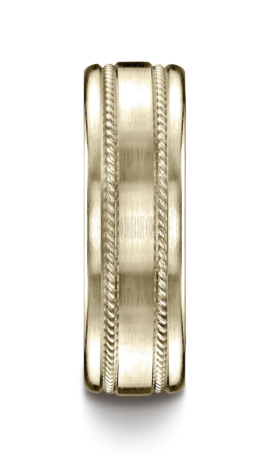 Benchmark 18K Yellow Gold 7.5mm Comfort-Fit Satin-Finished Rope Carved Design Wedding Band Ring