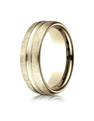 Benchmark 18K Yellow Gold 7.5mm Comfort-Fit Swirled Finish Center Convex Cut Design Wedding Band Ring