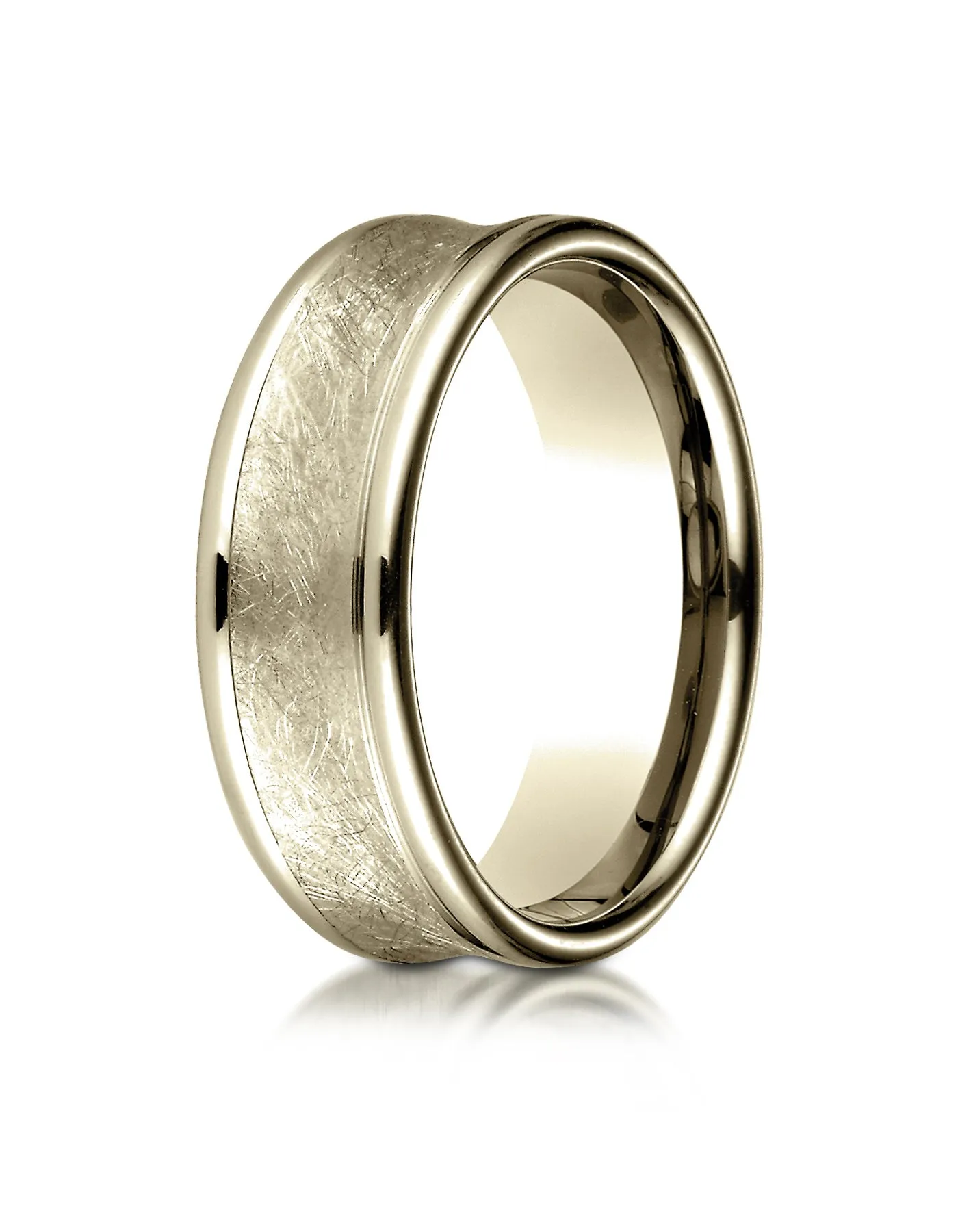 Benchmark 18K Yellow Gold 7.5mm Comfort-Fit Swirled Finish Center Round Edge Design Wedding Band Ring