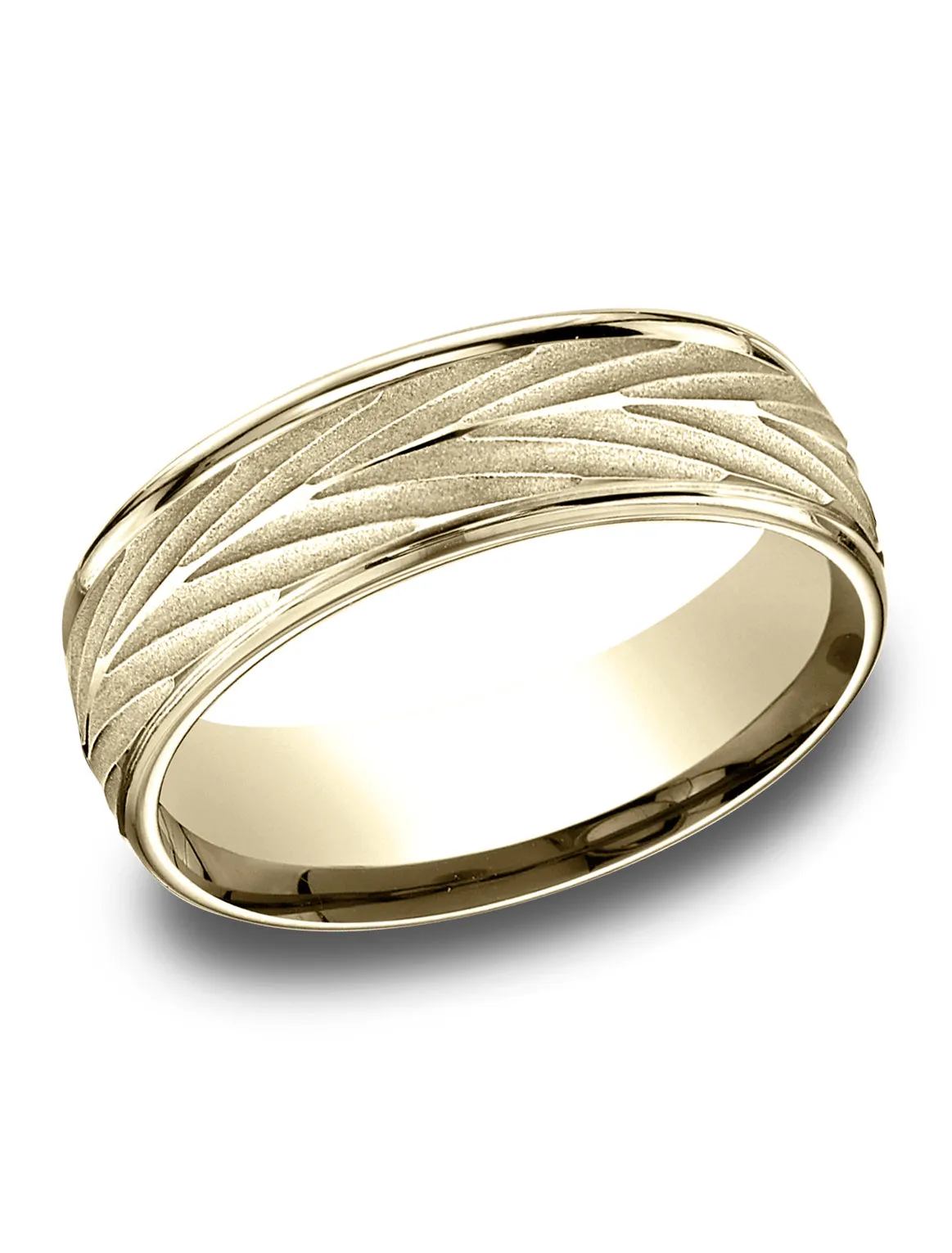 Benchmark 18K Yellow Gold 7mm Comfort-Fit Round Edge Arrow Design Band, (Size 4-15)