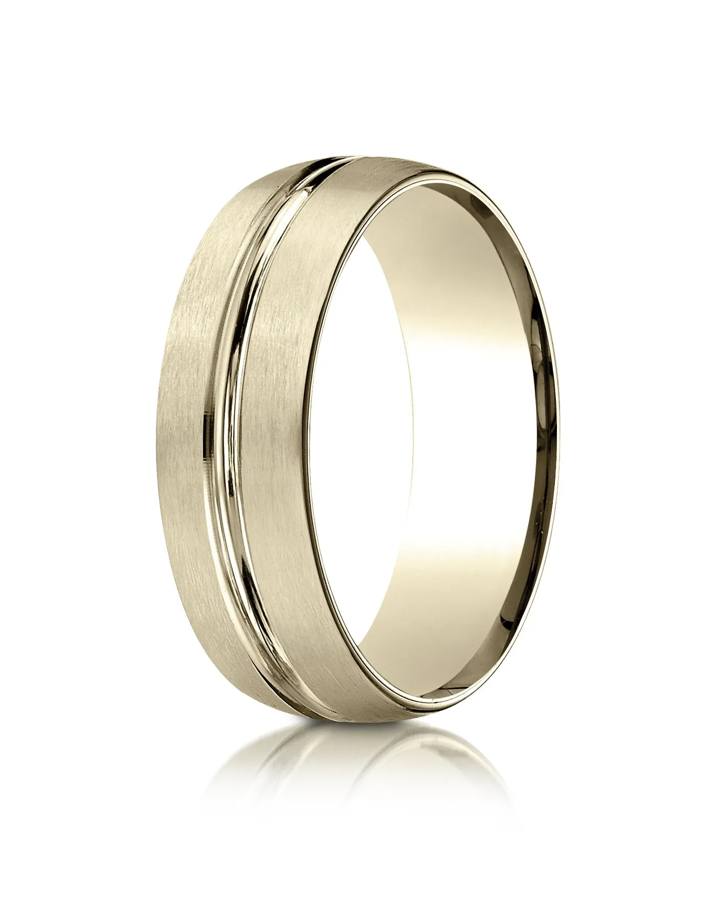 Benchmark 18k Yellow Gold 7mm Comfort-Fit Satin-Finish w/ High Polish Center Cut Carved Design Band,(4-15)