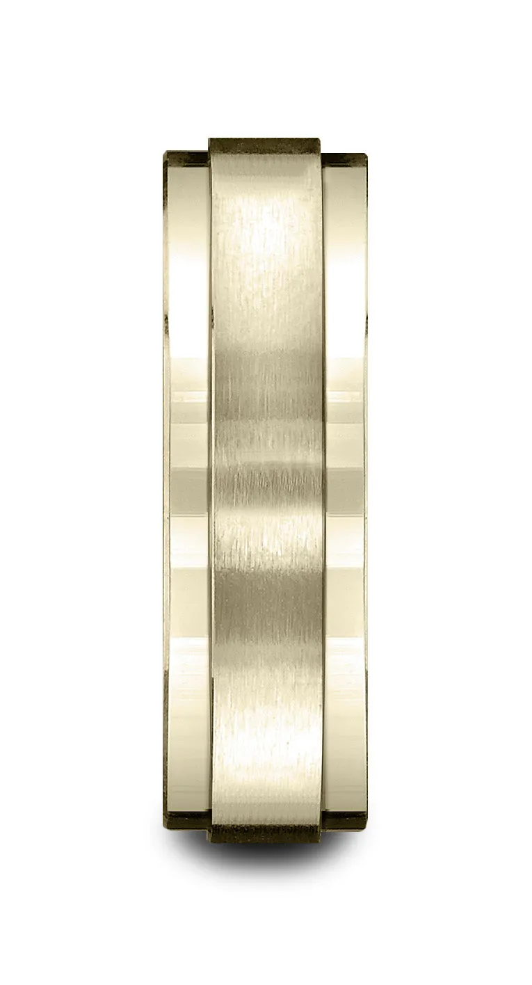 Benchmark 18k Yellow Gold 7mm Comfort-Fit Satin-Finished w/ High Polish Drop Edge Carved Design Band