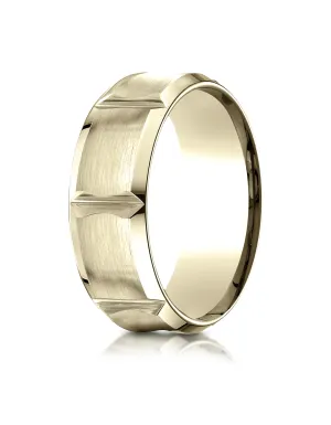 Benchmark 18K Yellow Gold 8mm Comfort-Fit Beveled Edge Concave with Horizontal Cuts Carved Design Ring