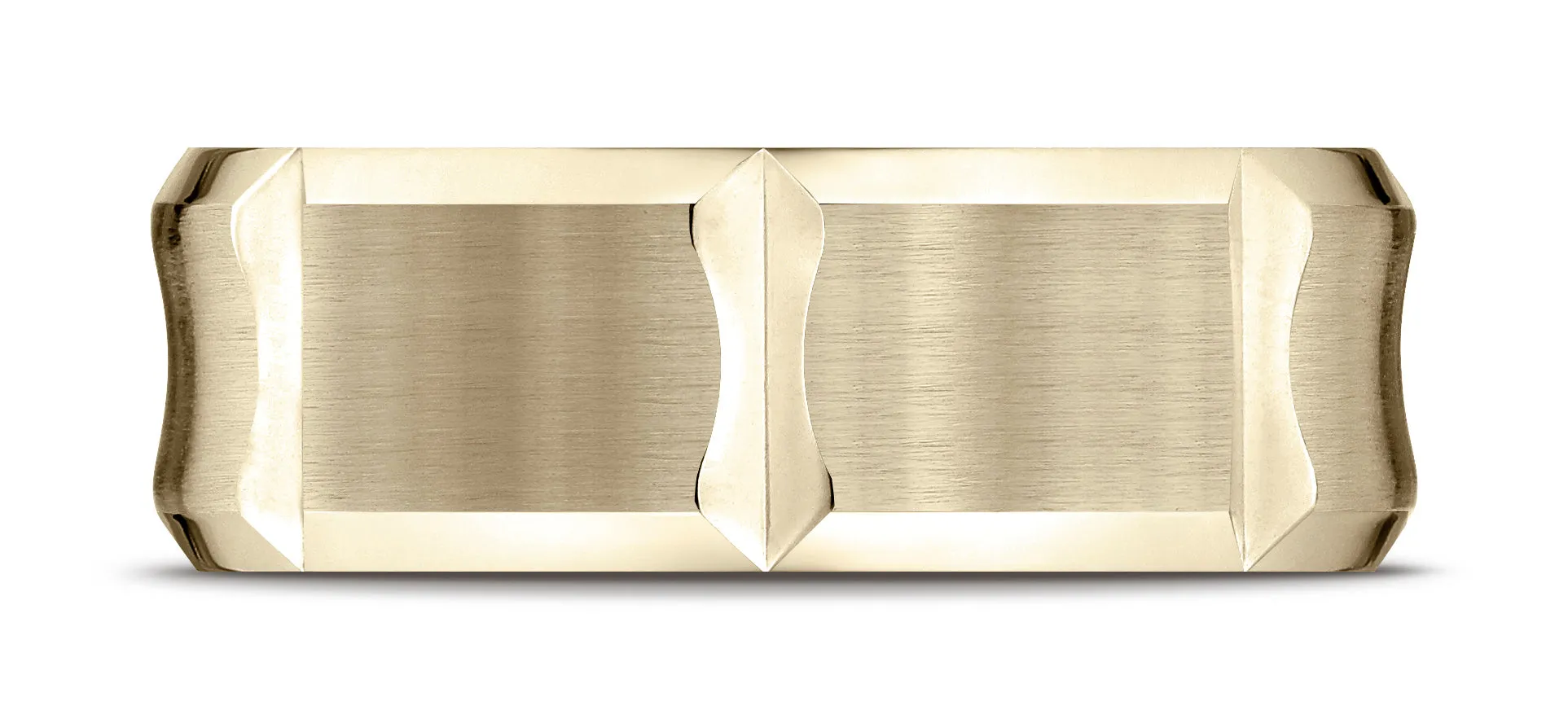 Benchmark 18K Yellow Gold 8mm Comfort-Fit Beveled Edge Concave with Horizontal Cuts Carved Design Ring