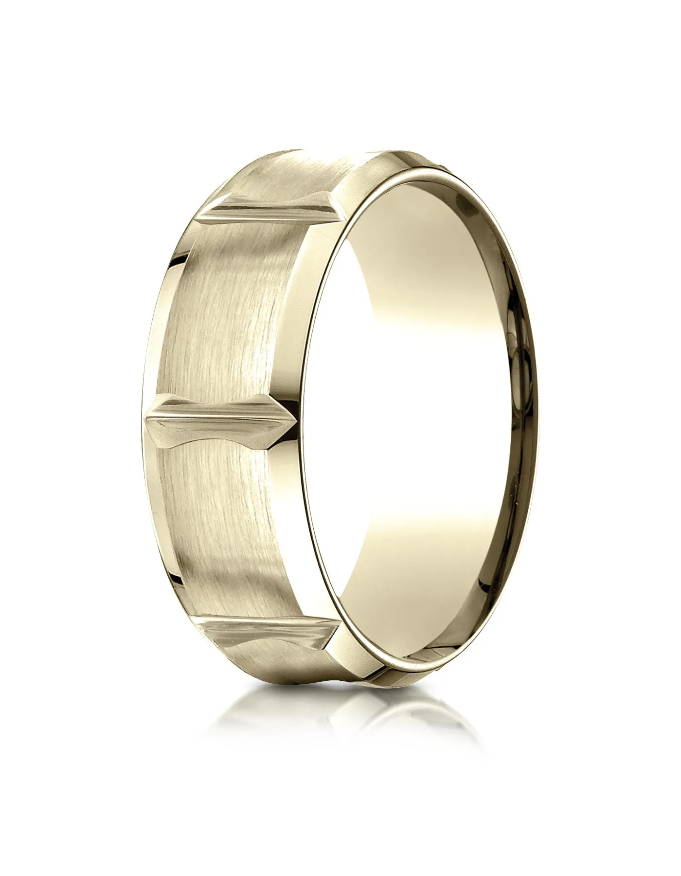 Benchmark 18K Yellow Gold 8mm Comfort-Fit Beveled Edge Concave with Horizontal Cuts Carved Design Ring
