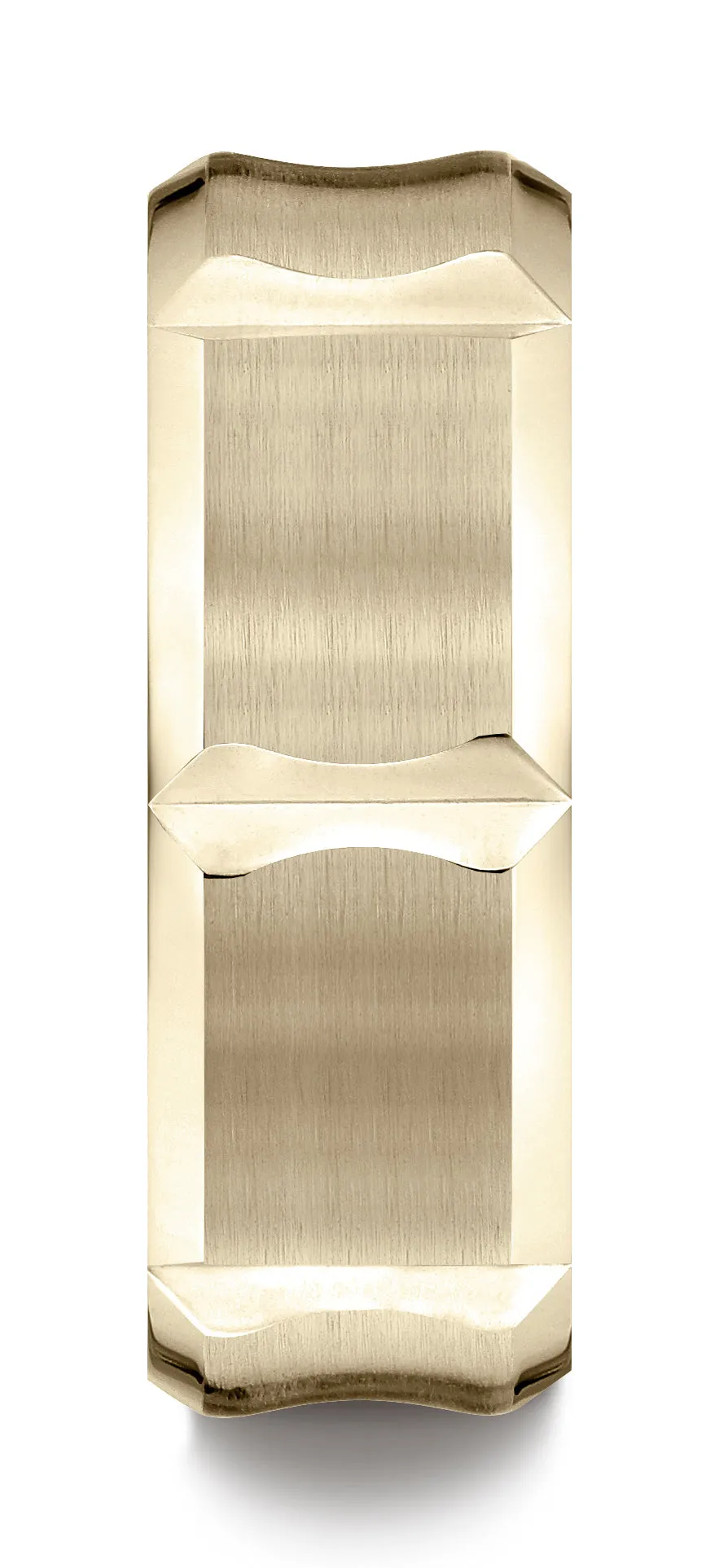 Benchmark 18K Yellow Gold 8mm Comfort-Fit Beveled Edge Concave with Horizontal Cuts Carved Design Ring