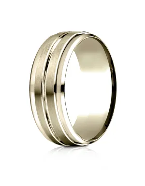 Benchmark 18k Yellow Gold 8mm Comfort-Fit Drop Bevel Satin Center Cut Design Band, (Sizes 4-15)