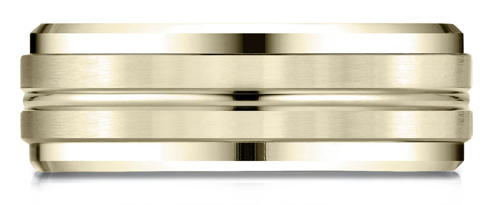 Benchmark 18k Yellow Gold 8mm Comfort-Fit Drop Bevel Satin Center Cut Design Band, (Sizes 4-15)