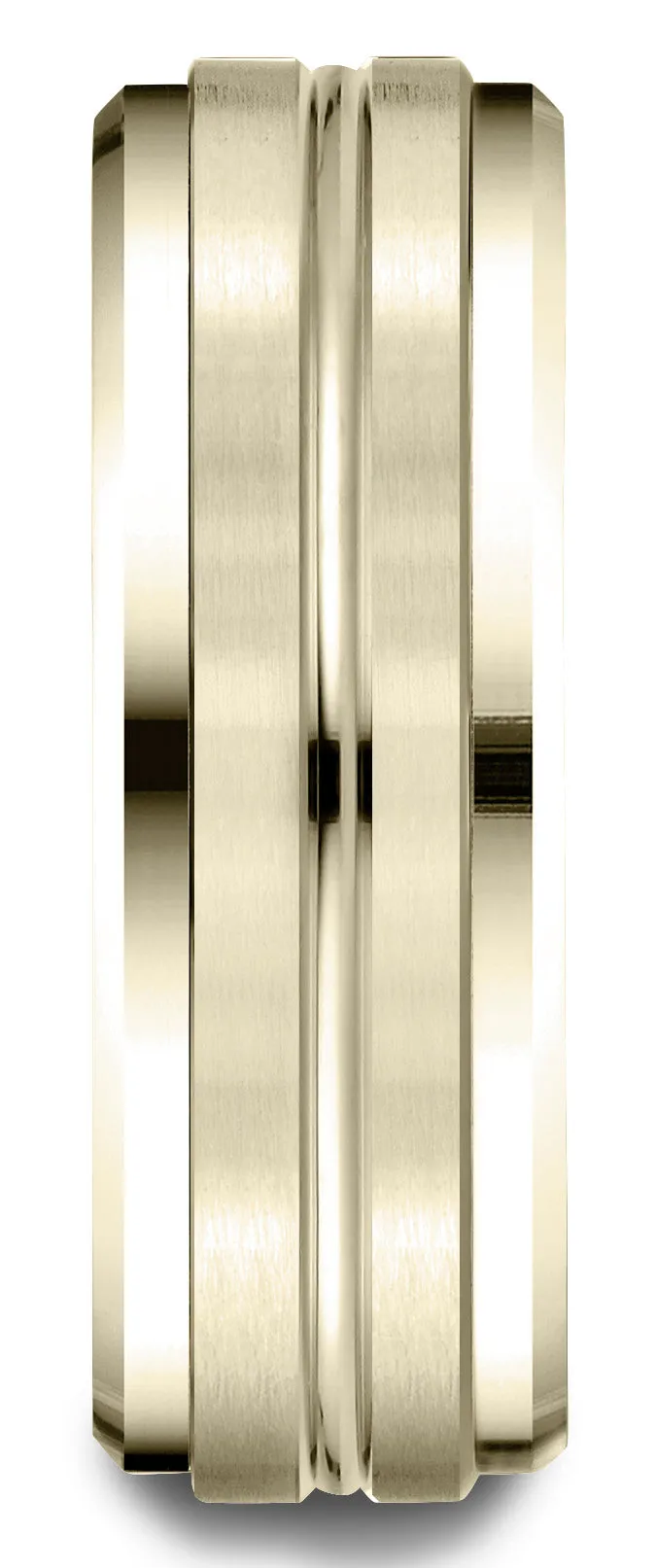 Benchmark 18k Yellow Gold 8mm Comfort-Fit Drop Bevel Satin Center Cut Design Band, (Sizes 4-15)