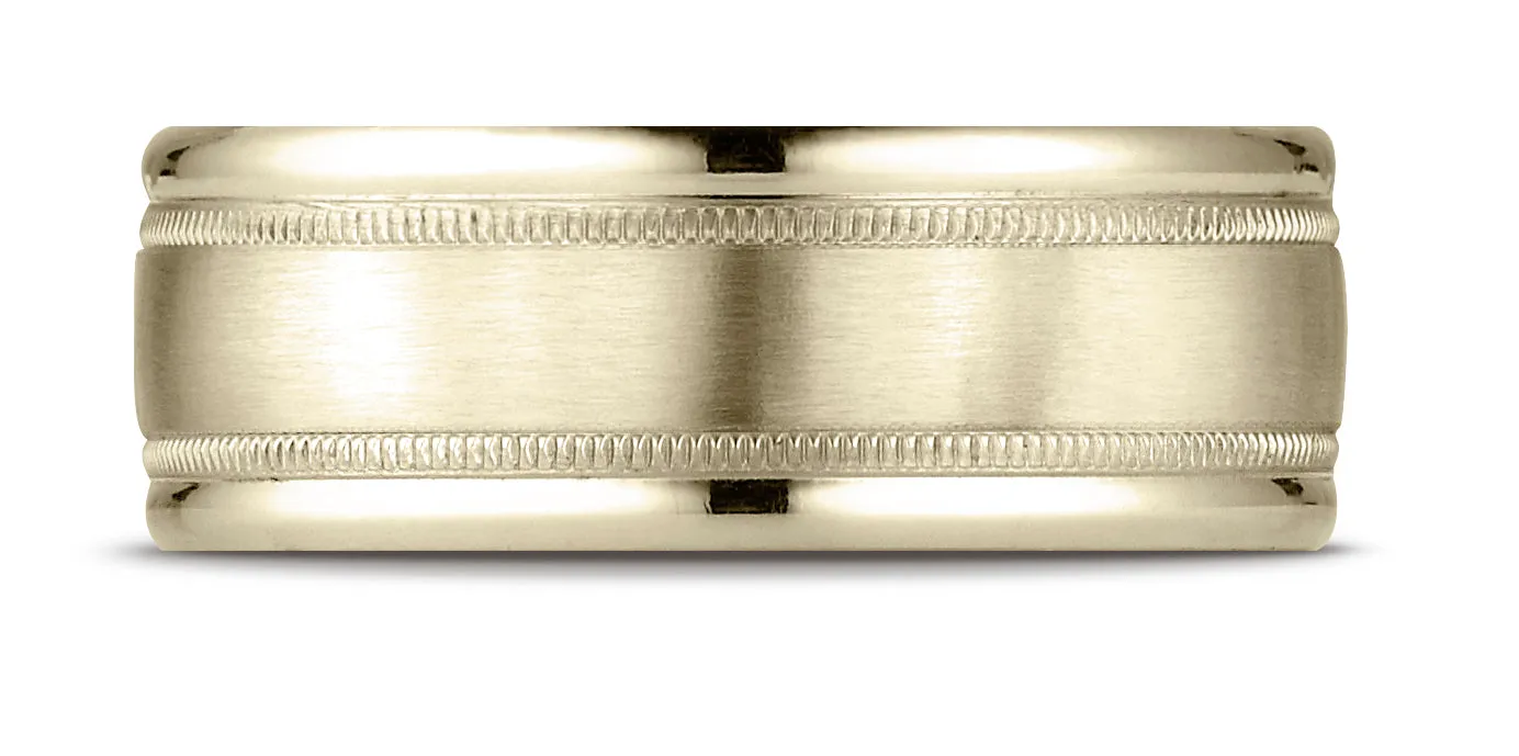 Benchmark 18K Yellow Gold 8mm Comfort-Fit Satin Finish Center w/  Milgrain Round Edge Carved Design Ring