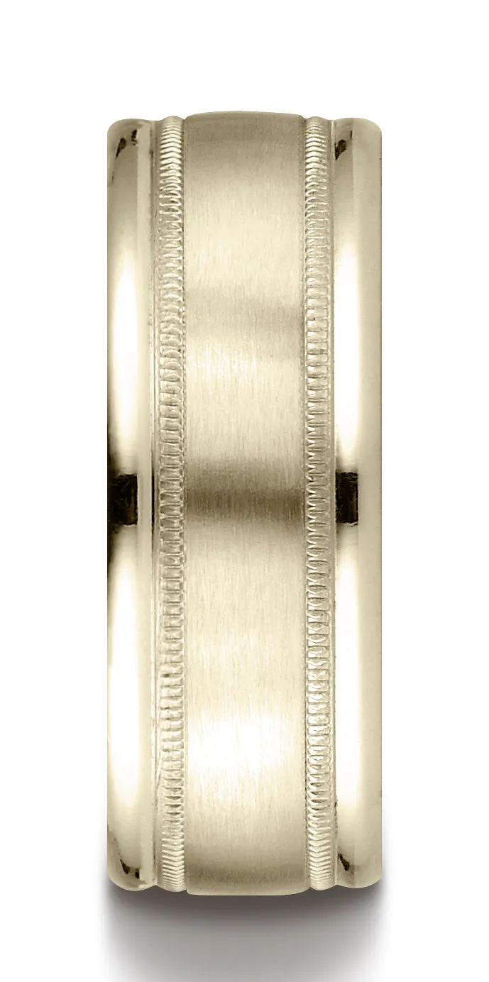 Benchmark 18K Yellow Gold 8mm Comfort-Fit Satin Finish Center w/  Milgrain Round Edge Carved Design Ring