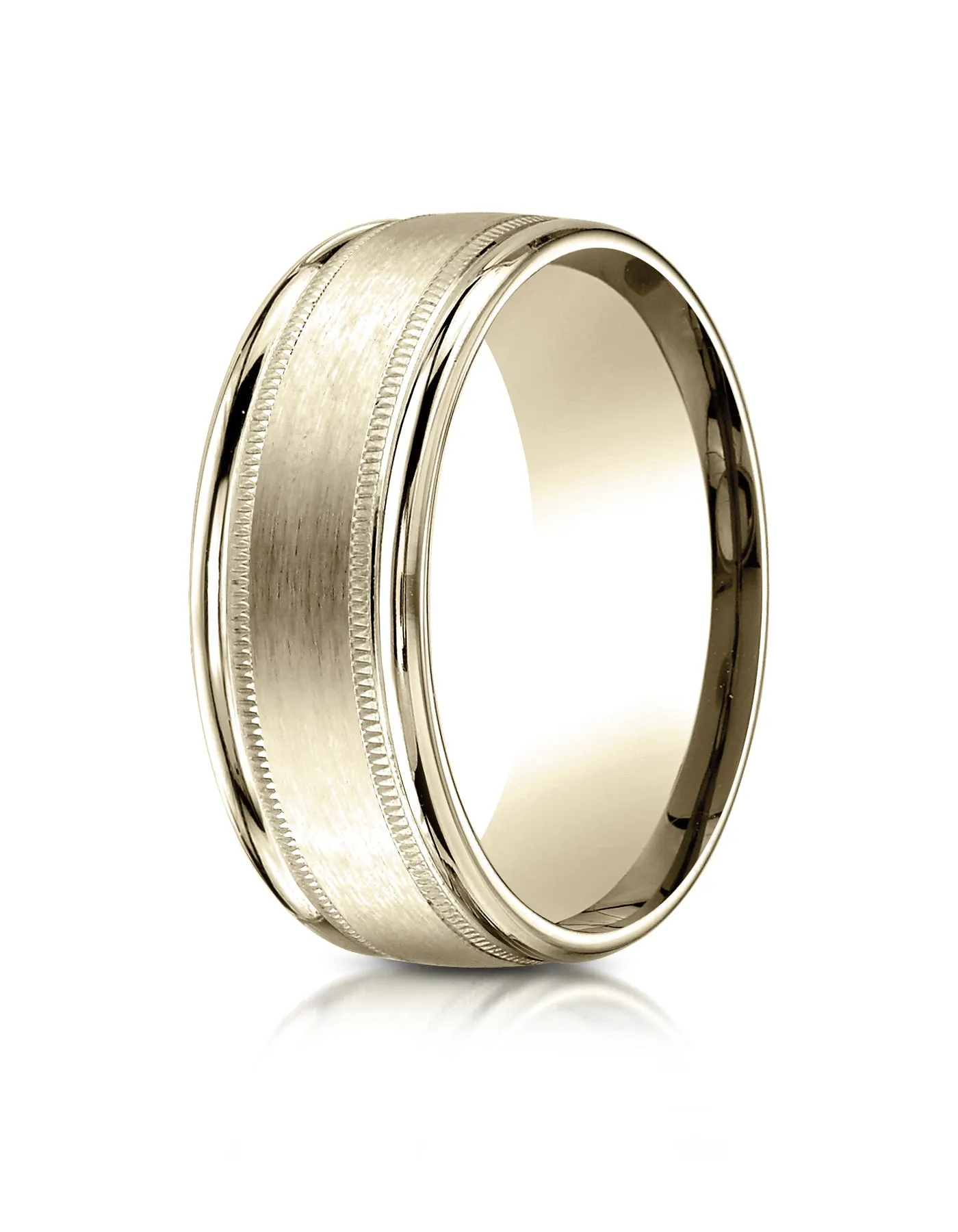 Benchmark 18K Yellow Gold 8mm Comfort-Fit Satin Finish Center w/  Milgrain Round Edge Carved Design Ring