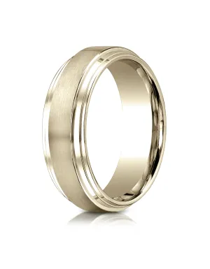 Benchmark 18k Yellow Gold 8mm Comfort-Fit Satin-Finished Step Edge Carved Design Band, (Sizes 4-15)