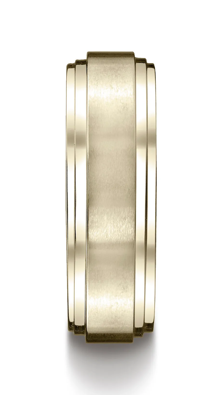 Benchmark 18k Yellow Gold 8mm Comfort-Fit Satin-Finished Step Edge Carved Design Band, (Sizes 4-15)