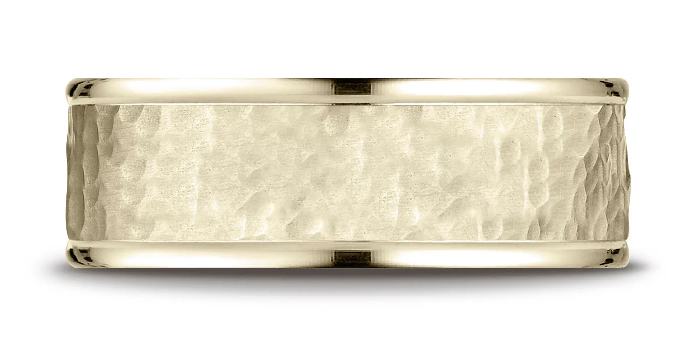 Benchmark 18K Yellow Gold Comfort-Fit 8mm High Polish Edge Hammered Center Design Wedding Band Ring,.