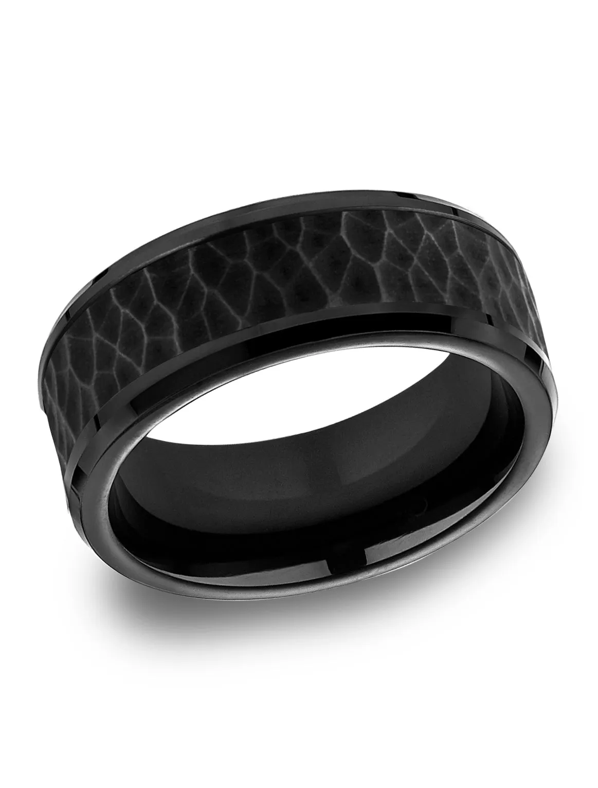 Benchmark Black Titanium 8mm Comfort-Fit Ring with Black Cobalt Hammered Finish Center, (Size 6-14)