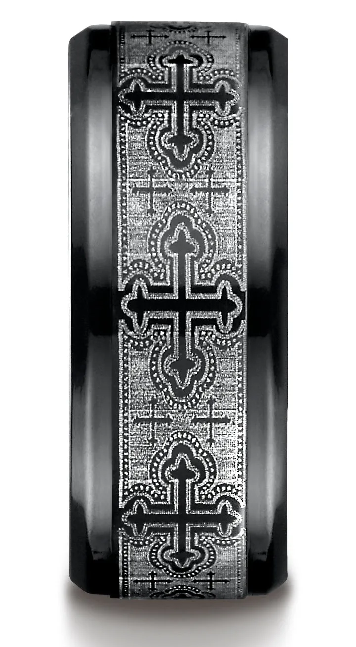 Benchmark Black Titanium 9mm Comfort-Fit Cathedral Cross Design Wedding Band Ring, (Sizes 6 - 14)