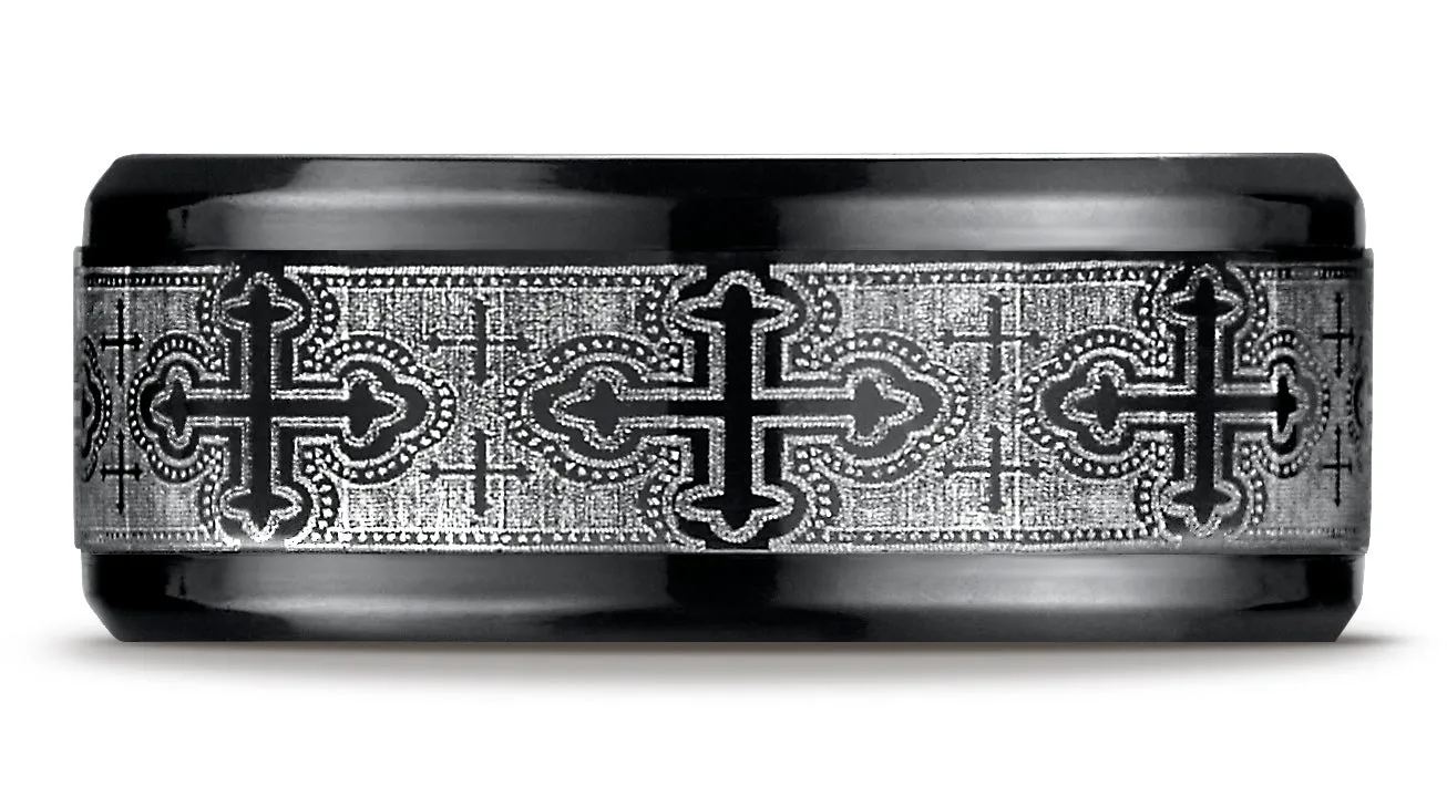 Benchmark Black Titanium 9mm Comfort-Fit Cathedral Cross Design Wedding Band Ring, (Sizes 6 - 14)