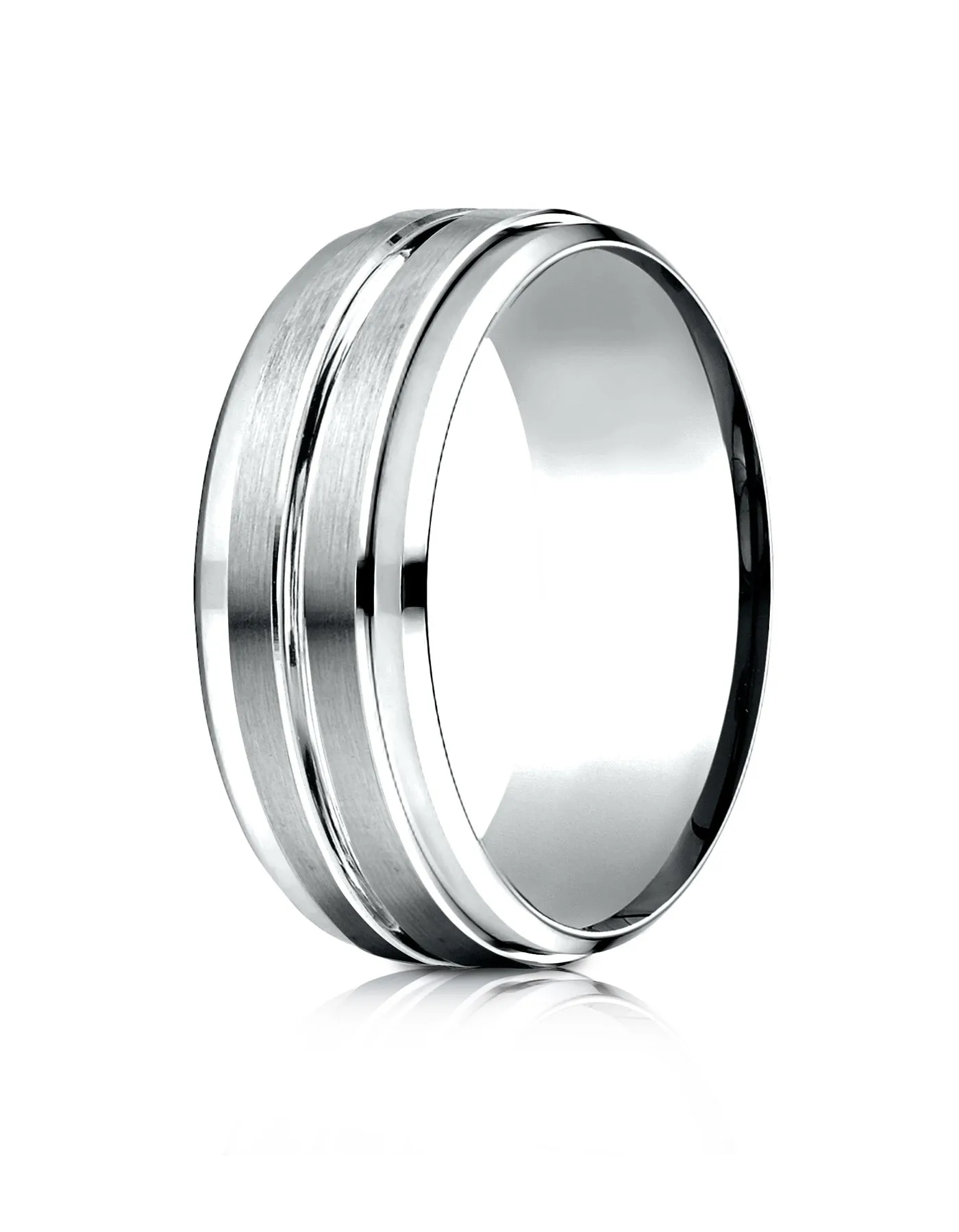 Benchmark Palladium 8mm Comfort-Fit Drop Bevel Satin Center Cut Design Band, (Sizes 4-15)