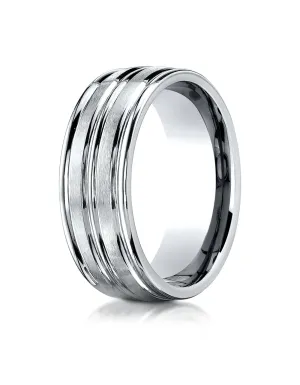 Benchmark Palladium 8mm Comfort-Fit Satin High Polish Center Trim and Round Edge Carved Design Band Ring