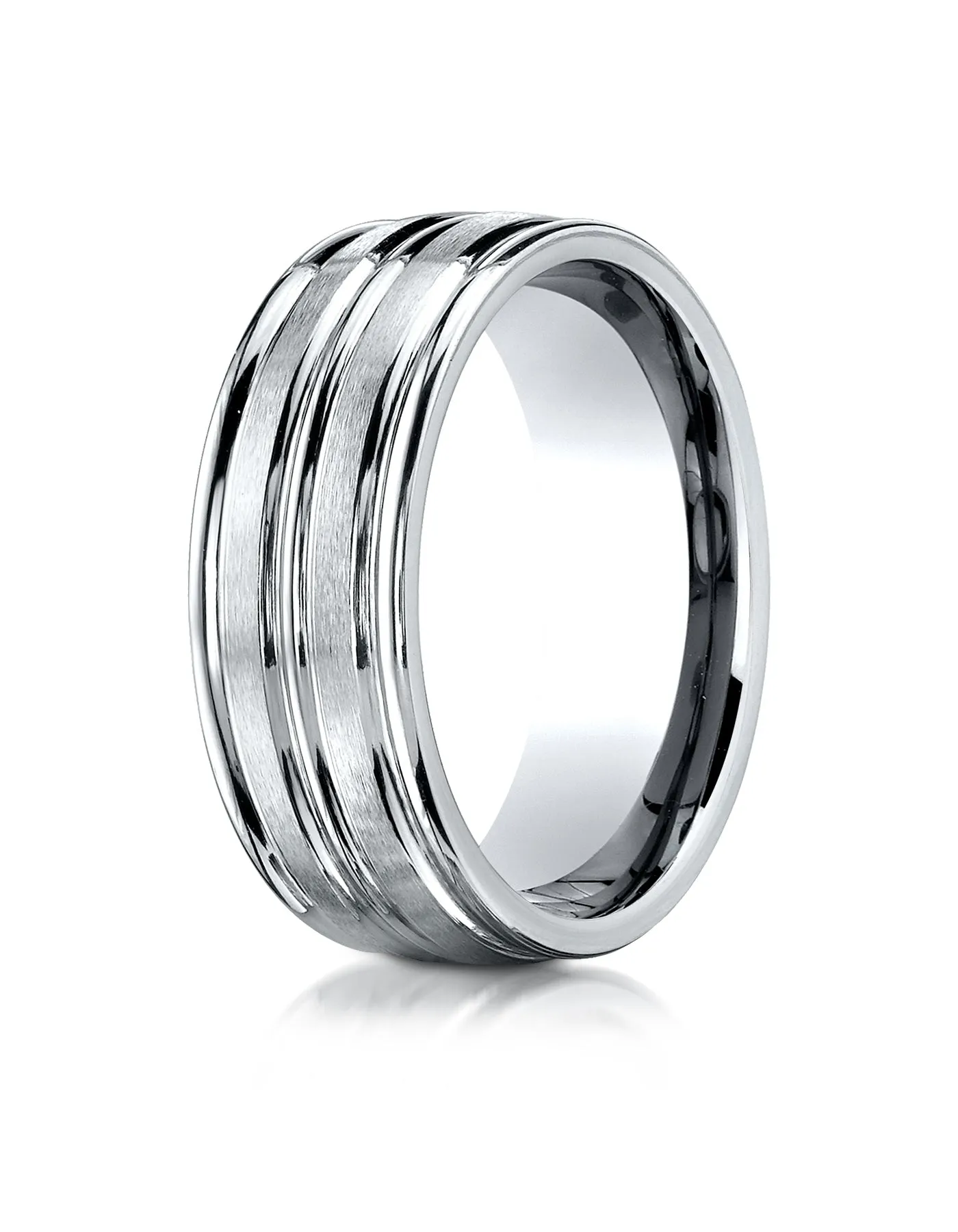 Benchmark Palladium 8mm Comfort-Fit Satin High Polish Center Trim and Round Edge Carved Design Band Ring