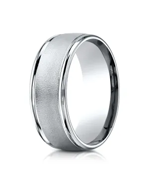 Benchmark Palladium 8mm Comfort-Fit Wire Brush Finish High Polished Round Edge Carved Design Wedding Band
