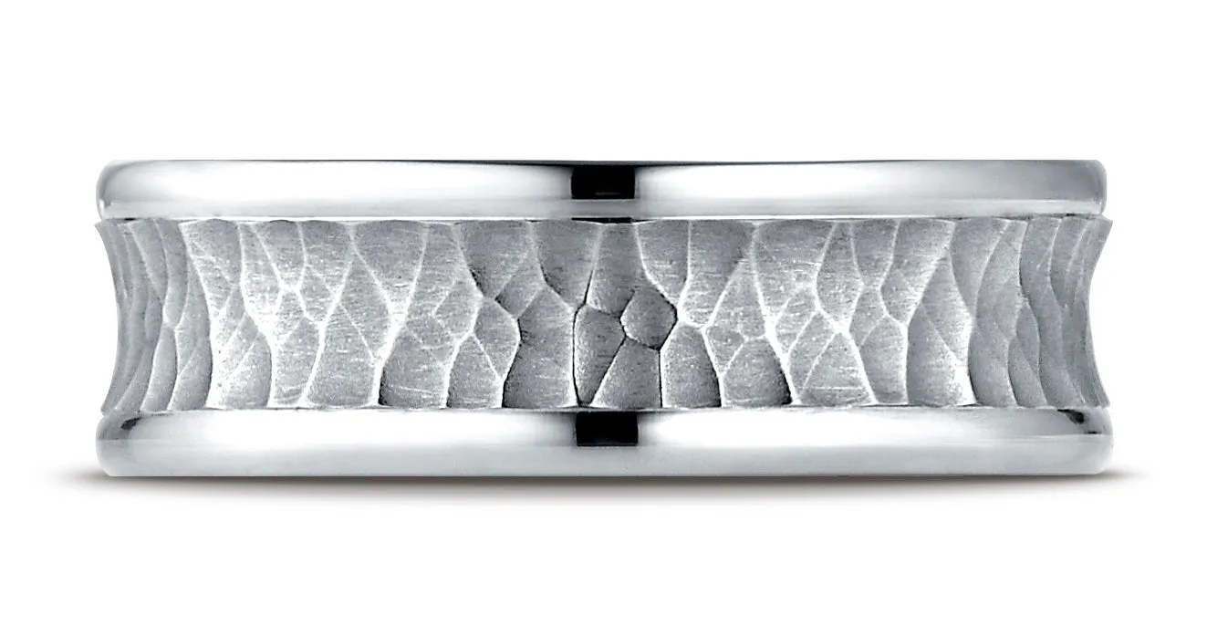 Benchmark Platinum 7.5mm Comfort-Fit Hammered Finish Concave Center Design Wedding Band Ring