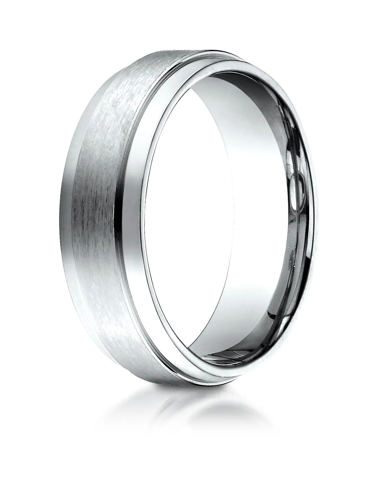 Benchmark Platinum 7mm Comfort-Fit Satin-Finish with High Polished Drop Edge Carved Design Band, (4-15)