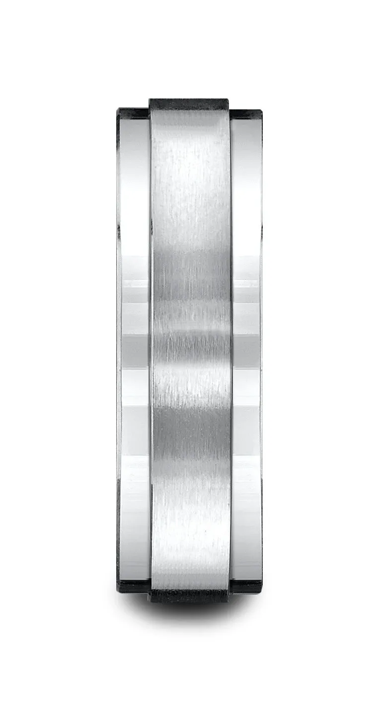 Benchmark Platinum 7mm Comfort-Fit Satin-Finish with High Polished Drop Edge Carved Design Band, (4-15)
