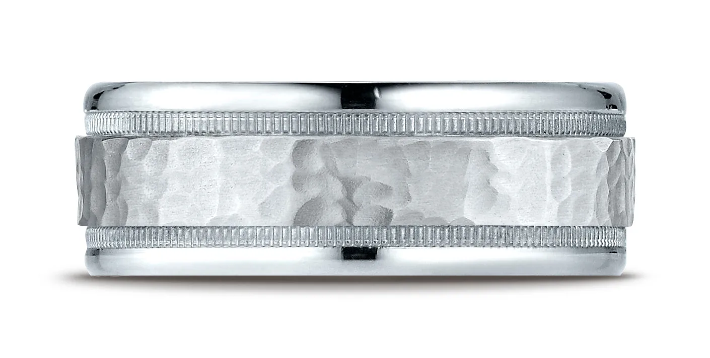 Benchmark Platinum 8mm Comfort-Fit High Polished Squared Edge Carved Design Wedding Band Ring