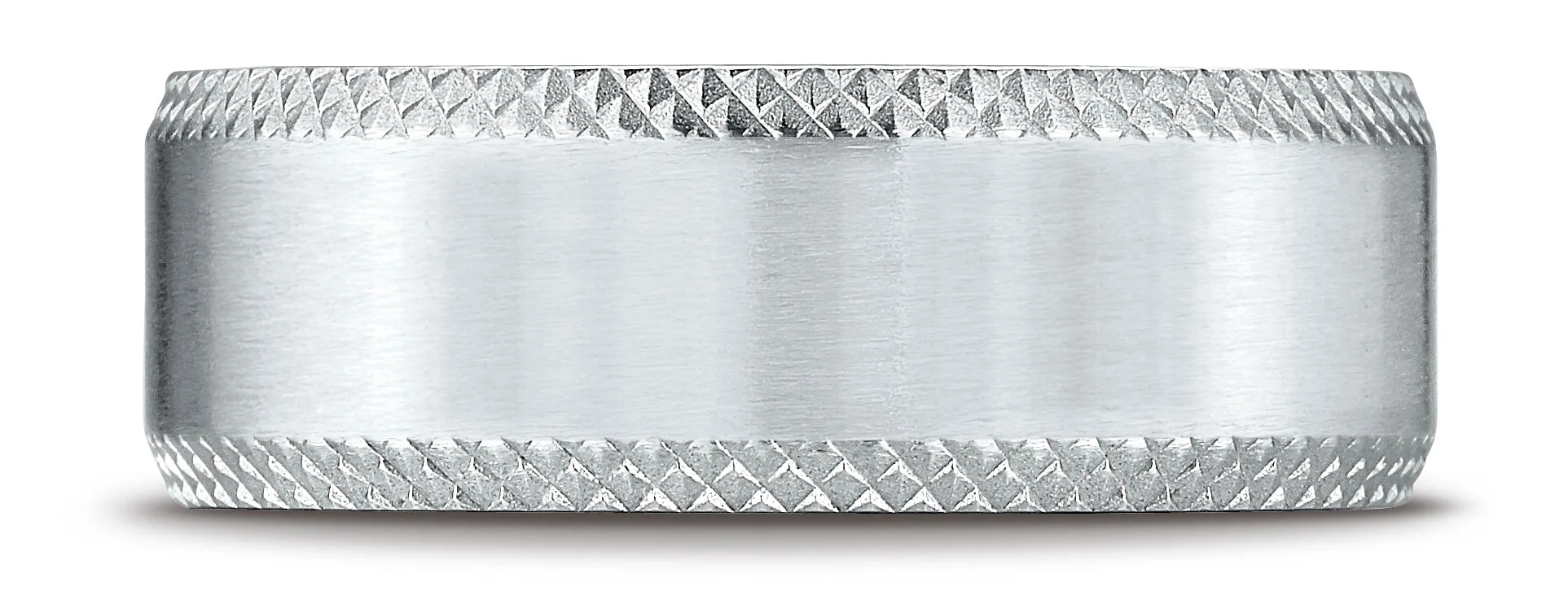 Benchmark Platinum 8mm Comfort-Fit Satin-Finished Cross Hatched Beveled Edge Carved Design Wedding Band