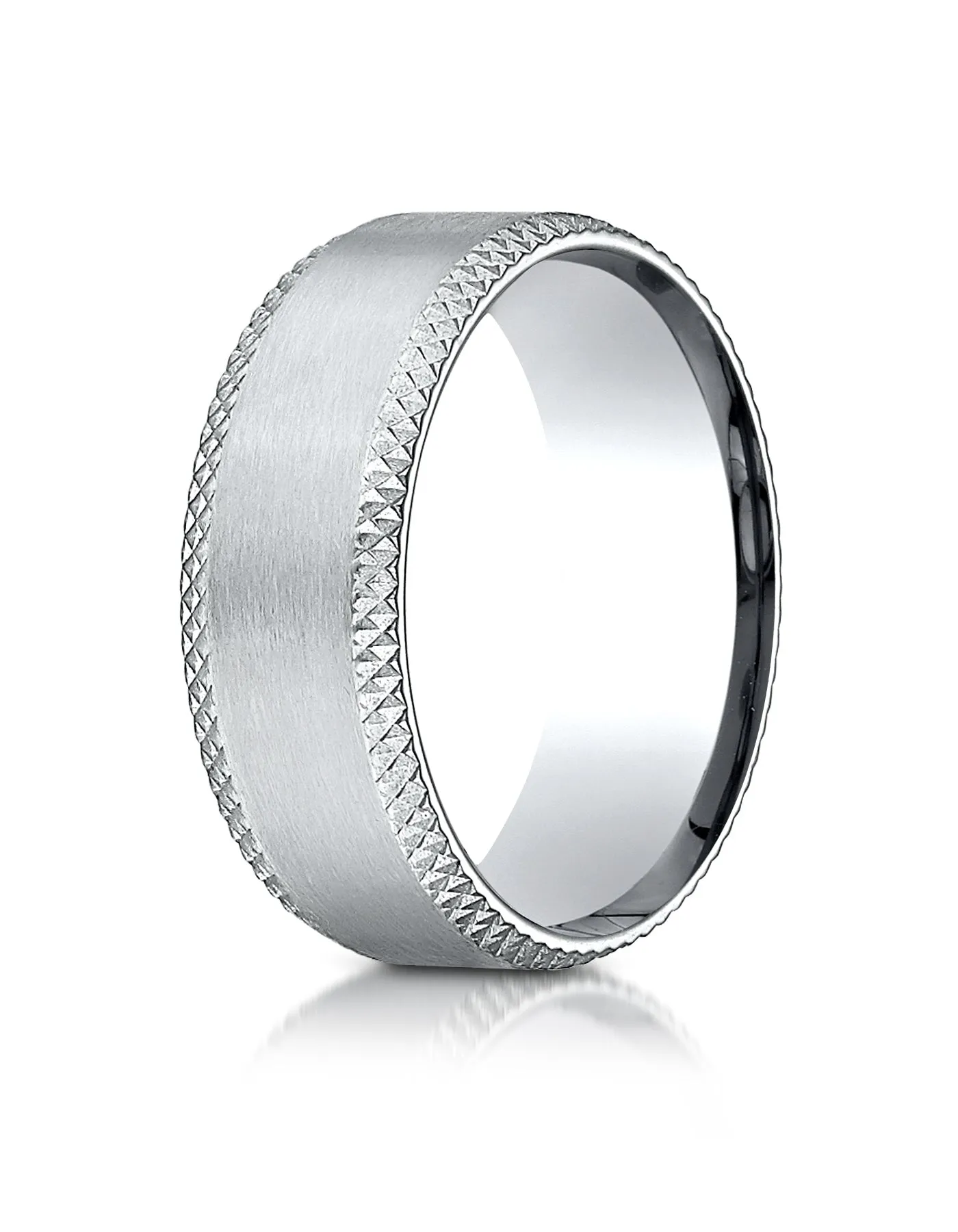 Benchmark Platinum 8mm Comfort-Fit Satin-Finished Cross Hatched Beveled Edge Carved Design Wedding Band