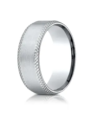 Benchmark Platinum 8mm Comfort-Fit Satin-Finished Cross Hatched Beveled Edge Carved Design Wedding Band