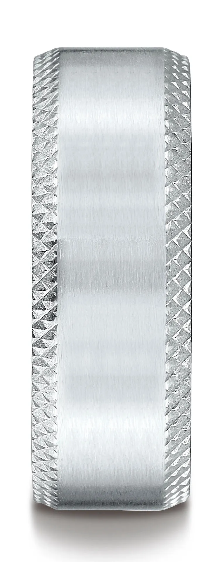 Benchmark Platinum 8mm Comfort-Fit Satin-Finished Cross Hatched Beveled Edge Carved Design Wedding Band