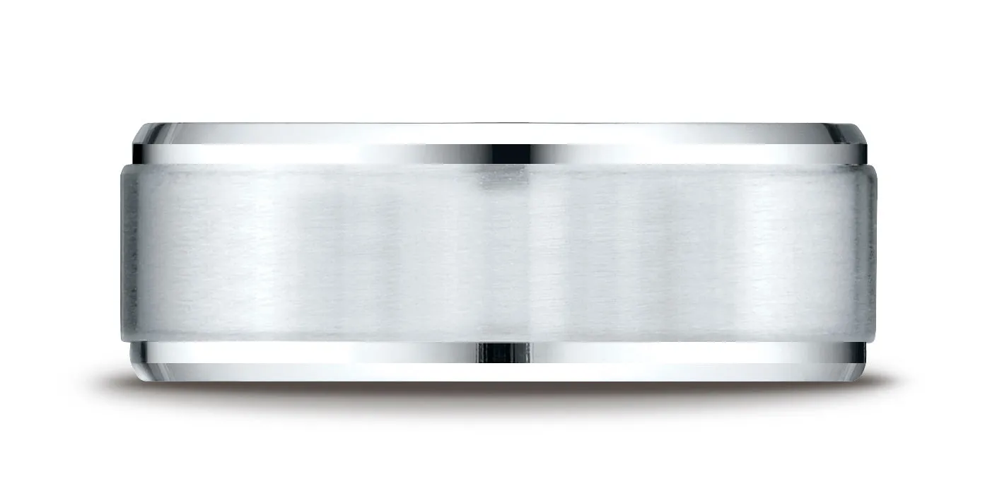 Benchmark Platinum 8mm Comfort-Fit Satin-Finished Drop Beveled Edge Carved Design Wedding Band Ring