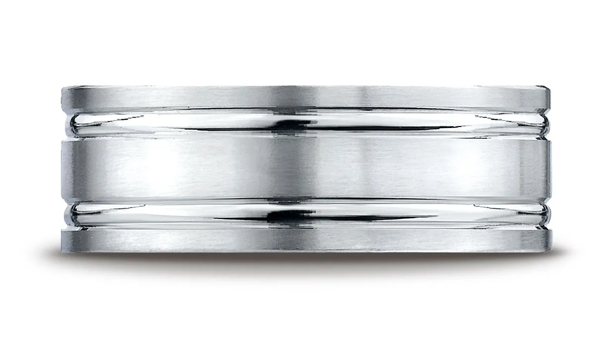 Benchmark Platinum 8mm Comfort-Fit Satin-Finished with Parallel Grooves Carved Design Wedding Band Ring
