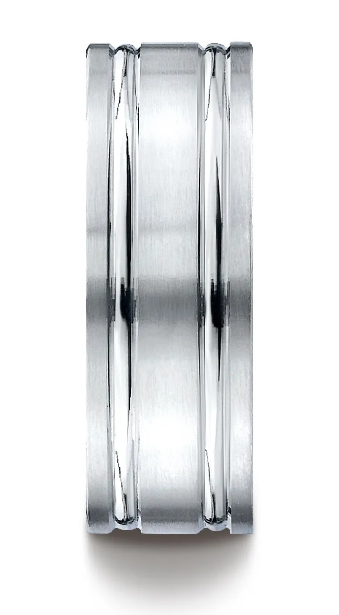 Benchmark Platinum 8mm Comfort-Fit Satin-Finished with Parallel Grooves Carved Design Wedding Band Ring
