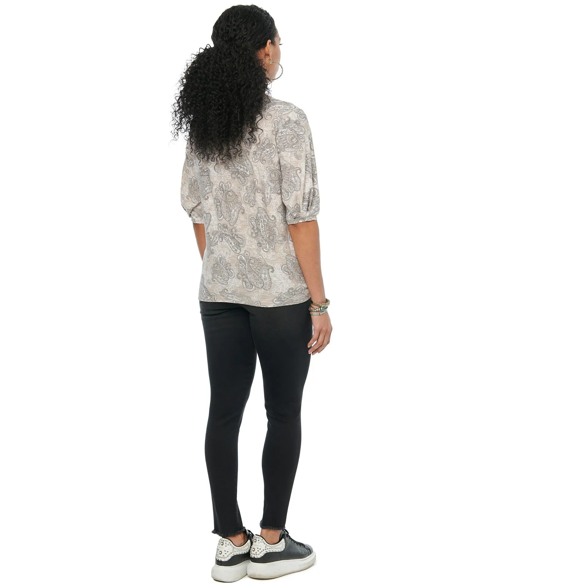 Blouson Elbow Sleeve Paisley Knit Top
