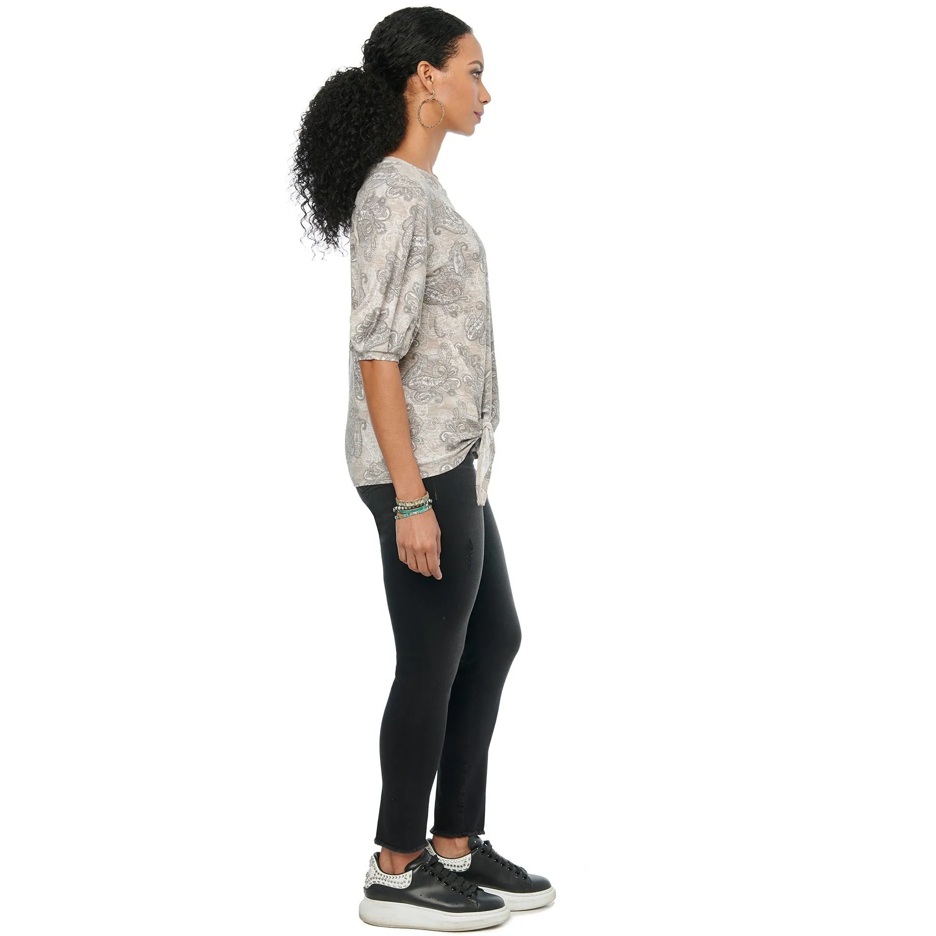 Blouson Elbow Sleeve Paisley Knit Top