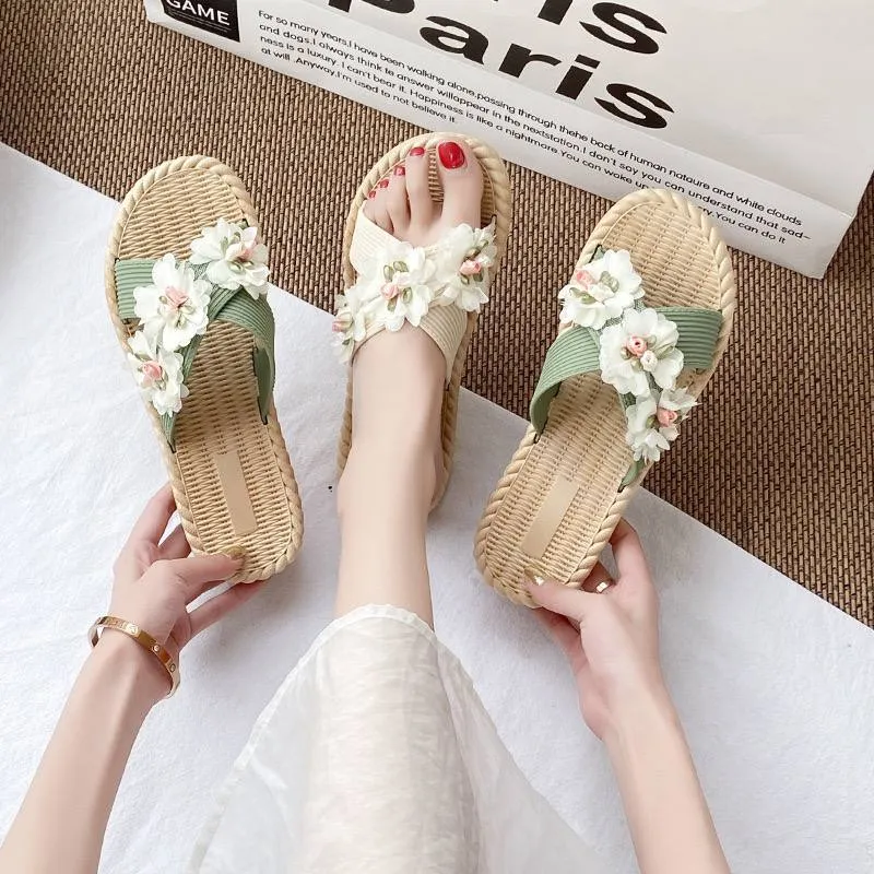 Bohemian Floral Woven Slide Sandals