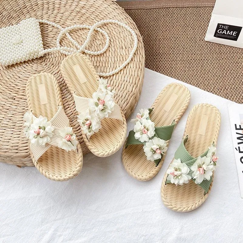 Bohemian Floral Woven Slide Sandals