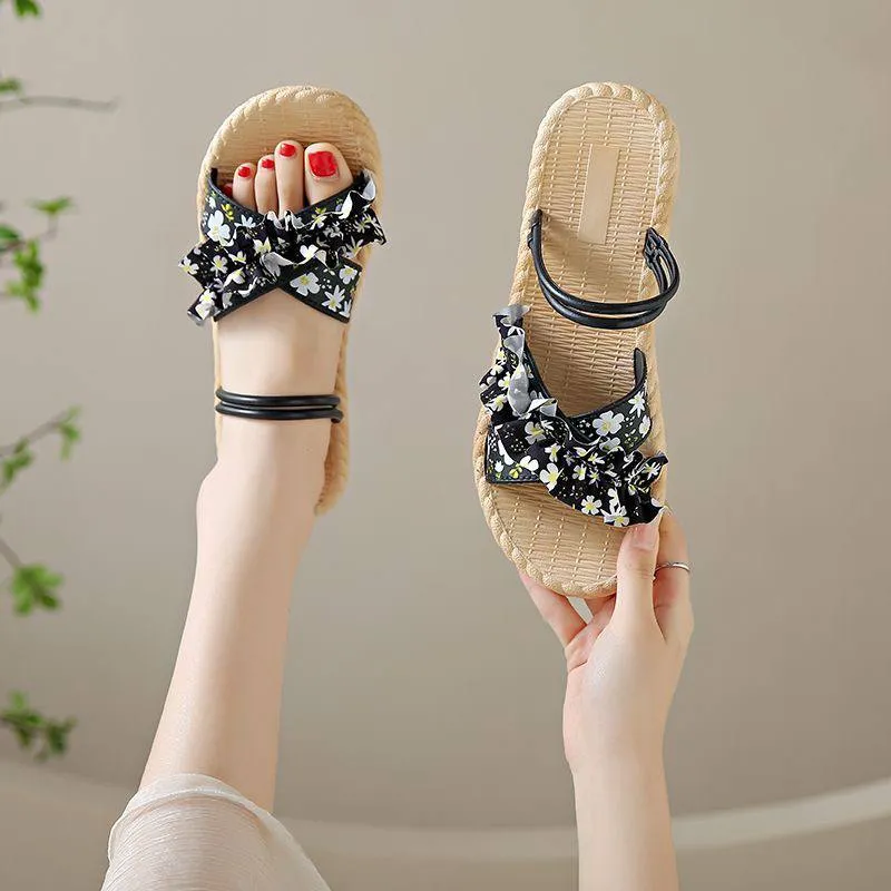 Bohemian Woven Bow Slide Sandals