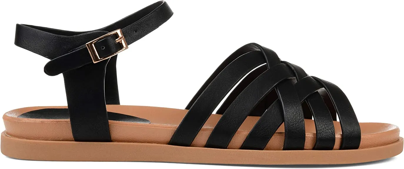 Brinley Co. Womens Basketweave Ankle Strap Sandal Black, 7.5 Regular US