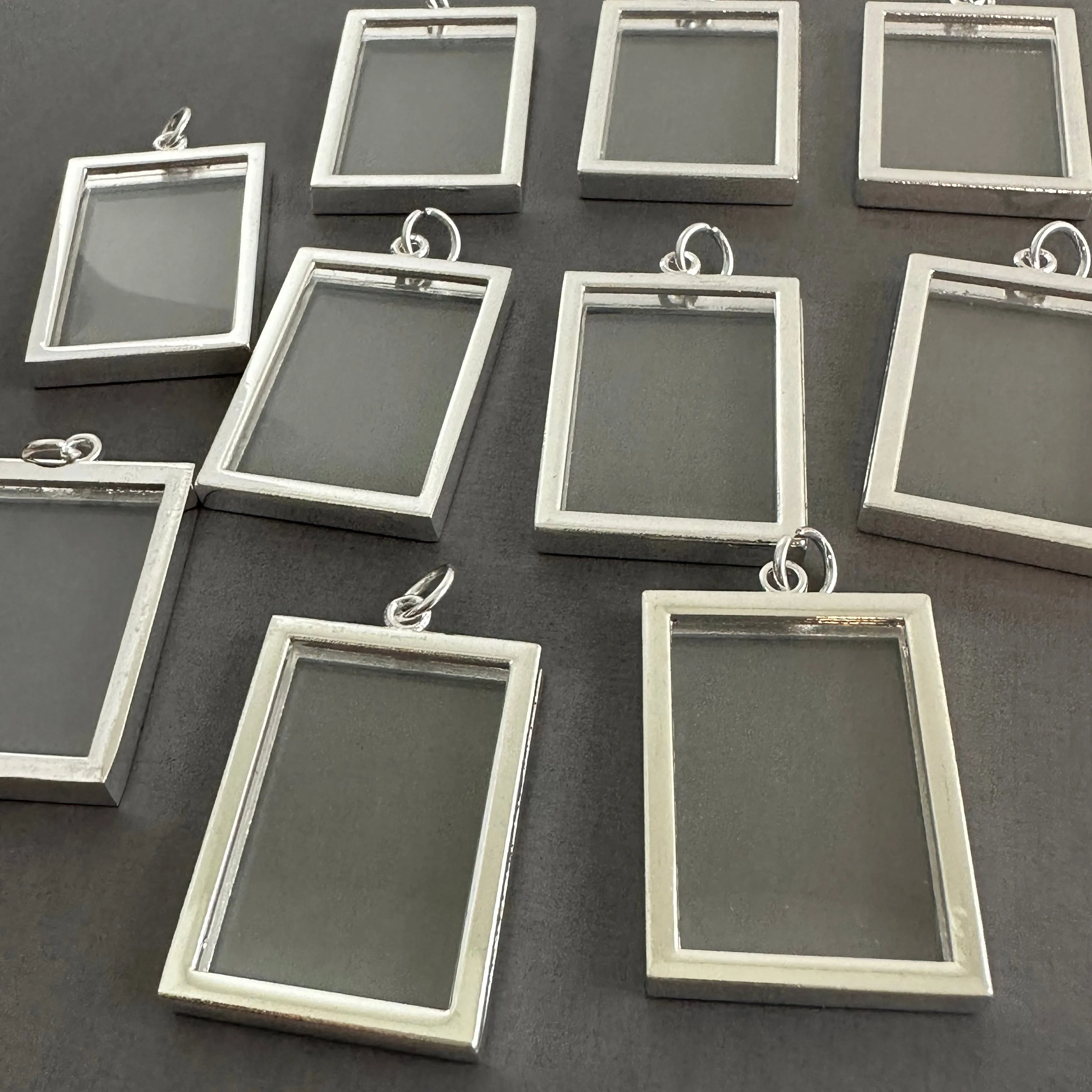 Bulk Supply Pack Rectangle EZ Change Photo Charm Silver Plated Open Frame Double Sided