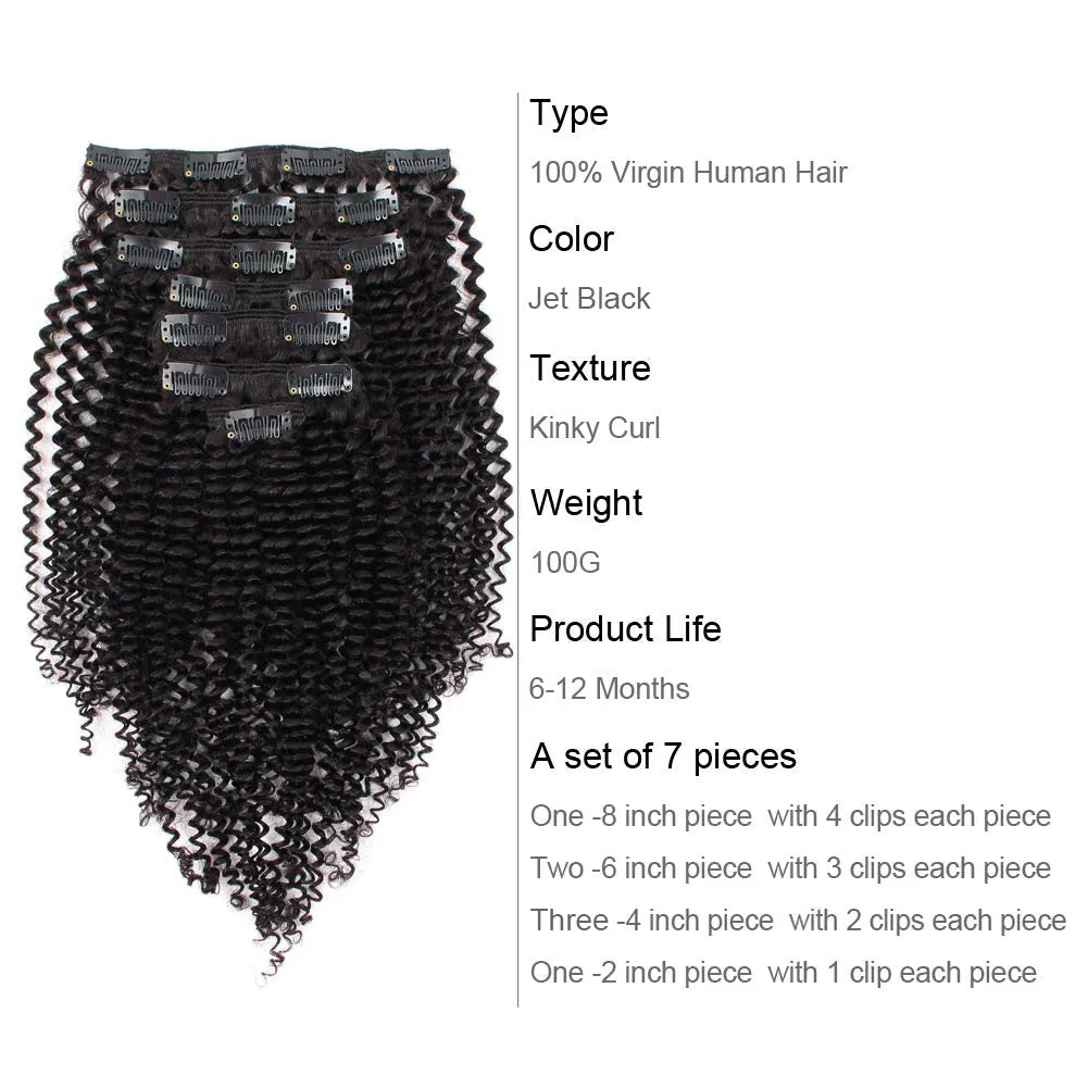 Clip in Hair Extension Kinky Curl Jet Black