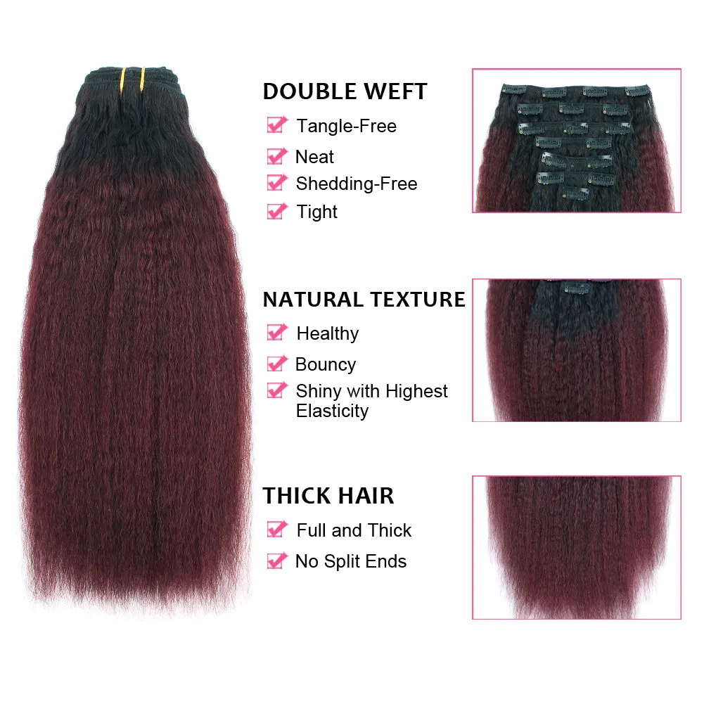 Clip in Hair Extension Kinky Straight Ombre Natural Black to Dark Wine 12 Inch