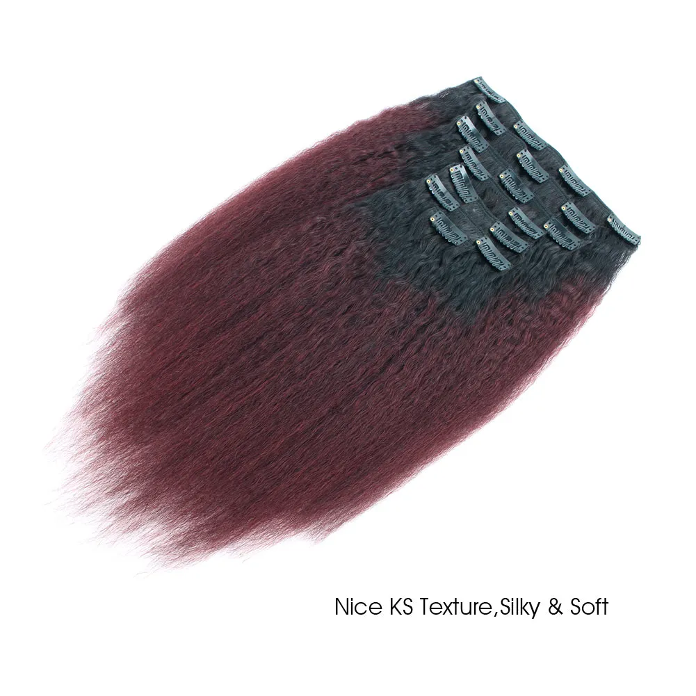 Clip in Hair Extension Kinky Straight Ombre Natural Black to Dark Wine 12 Inch