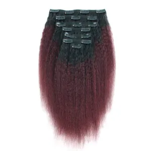 Clip in Hair Extension Kinky Straight Ombre Natural Black to Dark Wine 12 Inch